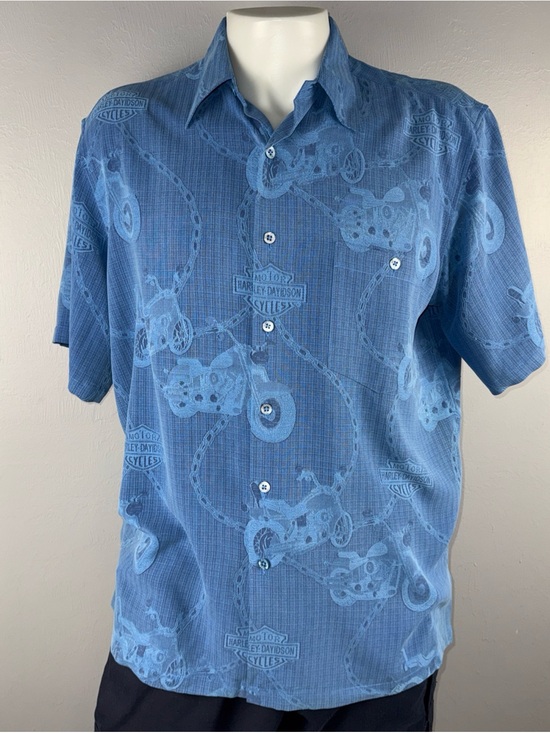 Harley-Davidson Other - Harley Davidson Shirt Men’s L Blue Silk Tori Richard Motorcycle Graphic Vintage
